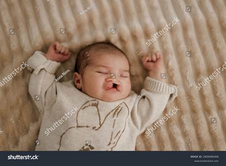 A sleeping newborn baby with congenital defect of cleft lip and palate wrapped in a cozy blanket, resting peacefully in a crib. The baby has a serene expression